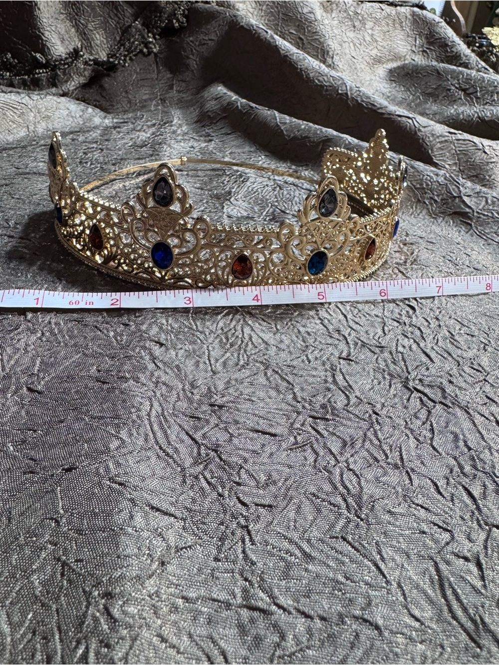 Metal Gold Jeweled Tiara Crown with Blue and Amber Stones